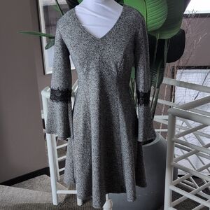 Elle Gray V-Neck Long-Sleeve Fit & Flare Dress with Black Lace Cuffs